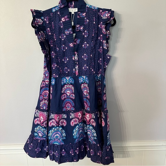 Caroline Constas Women’s Navy Blue Ruffle Sleeve Half Moon Print Dress Sz S NWT - Picture 2 of 12